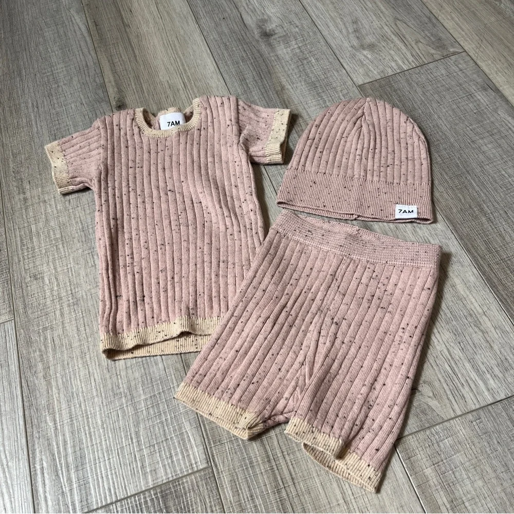 7 AM Grey Short Sleeve Top, Biker Shorts & Hat Set - Cozy Ribbed Knit 9-12 month